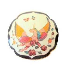 Vintage Cloisonne Flying Pegasus Unicorn Floral Bolo / Scarf Clip 2"